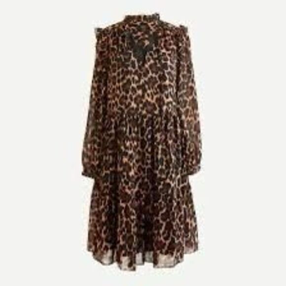 J Crew Women’s Size XS Tie Neck Tiered Dress Brown Leopard Print Long Sleeve - Picture 7 of 14